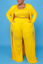 Gilet casual giallo cardigan solido pantaloni o collo più due pezzi