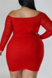 Red Casual Solid Patchwork Off the Shoulder Long Sleeve Plus Size Dresses