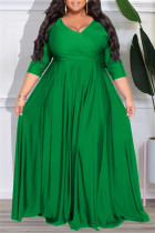 グリーン カジュアル ソリッド パッチワーク Vネック ロングスリーブ プラスサイズ ドレス
