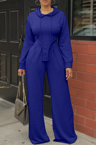 Blue Casual Solid Asymmetrical Hooded Collar Long Sleeve Two Pieces