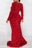 Rot Sexy Formal Patchwork Pailletten Schlitz V-Ausschnitt Abendkleid Kleider