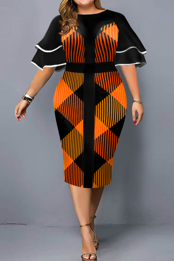オレンジ ブラック カジュアル プリント パッチワーク フラウンス O ネック ワンステップ スカート プラスサイズ ドレス