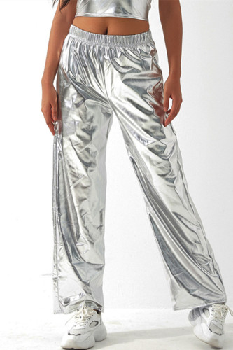Silver Casual Solid Patchwork Regular High Waist Conventional Solid Color Bottoms