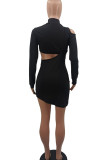 Black Sexy Solid Hollowed Out Patchwork Asymmetrical O Neck Pencil Skirt Dresses