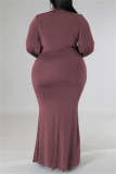 Light Purple Casual Solid Patchwork V Neck Long Sleeve Plus Size Dresses