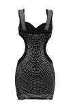 Black Sexy Patchwork Hot Drilling Hollowed Out Chains Backless V Neck Sleeveless Dress