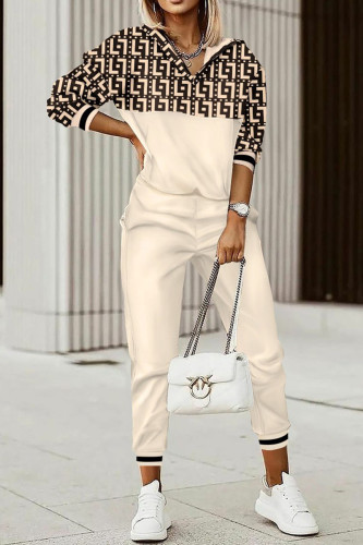 Khaki Casual Print Patchwork V Neck Long Sleeve Two Pieces