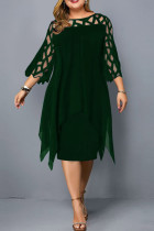 Saia de um passo com decote único verde tinta patchwork sólido casual vestidos plus size