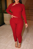 Red Casual Solid Hollowed Out Patchwork Asymmetrical Asymmetrical Collar Skinny Jumpsuits
