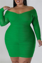 Зеленые повседневные однотонные платья больших размеров в стиле пэчворк с открытыми плечами и длинными рукавами