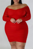 Красные повседневные сплошные лоскутные платья с открытыми плечами и длинными рукавами больших размеров