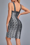 Black Sexy Print Hollowed Out Patchwork Backless V Neck Sleeveless Dress