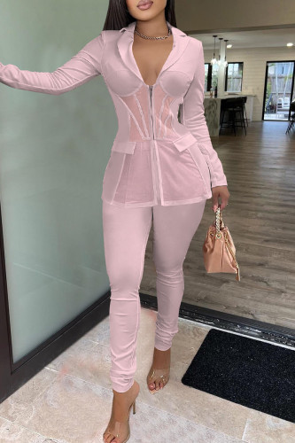 Pink Sexy Casual Solid Patchwork See-through V Neck Long Sleeve Two Pieces