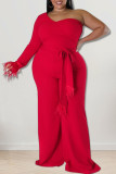 Tangerine Red Casual Solid Patchwork Schuine Kraag Plus Size Jumpsuits