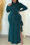 Ink Green Casual Solid Bandage Hollowed Out Slit Half A Turtleneck Long Sleeve Dresses