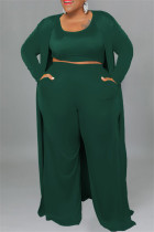 Groen Casual Solid Cardigan Vesten Broek O-hals Plus Size Two Pieces