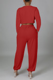 Red Casual Patchwork Asymmetrical O Neck Long Sleeve Two Pieces