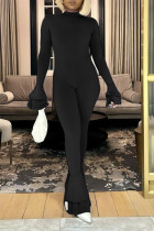 Zwarte sexy effen patchwork-backless regular jumpsuits met O-hals