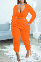 Tangerine Casual Solid Bandage Patchwork V-hals Plus Size Two Pieces