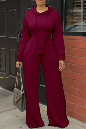 Burgundy Casual Solid Asymmetrical Hooded Collar Long Sleeve Two Pieces