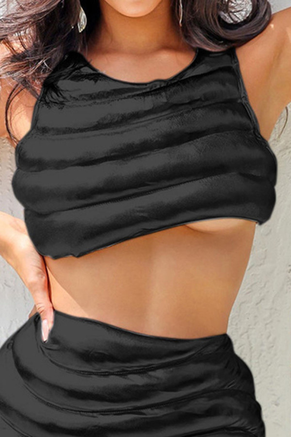 Negro Sexy Street Solid Patchwork O Cuello Tops