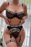 Black Sexy Letter Print Hollowed Out Patchwork See-through Backless Lingerie