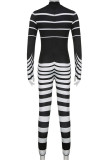 Black Sexy Striped Print Hollowed Out Patchwork Half A Turtleneck Skinny Jumpsuits