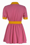 Robe rose décontractée en patchwork uni à col rabattu et à col rabattu