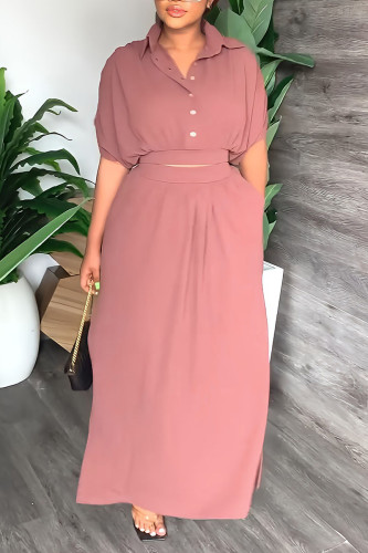 Pink Casual Solid Patchwork Buckle Turndown Collar Short Sleeve Two Pieces