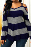 Navy Blue Casual Striped Print Patchwork Spaghetti Strap Tops