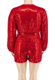 Red Casual Solid Bandage Sequins Patchwork V Neck Plus Size Jumpsuits