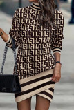 Apricot Brown Casual Print Patchwork Turtleneck Long Sleeve Dresses