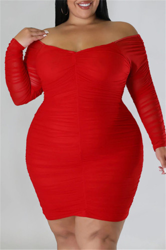 Red Casual Solid Patchwork Off the Shoulder Long Sleeve Plus Size Dresses