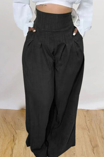 Calças retas de cor sólida preta casual patchwork cintura alta