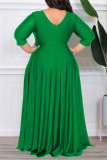 Зеленые повседневные однотонные пэчворк V-образный вырез с длинным рукавом Платья больших размеров