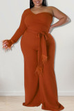 Tangerine Red Casual Solid Patchwork Schuine Kraag Plus Size Jumpsuits