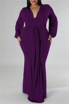 Темно-фиолетовые повседневные однотонные лоскутные платья больших размеров с V-образным вырезом и длинным рукавом