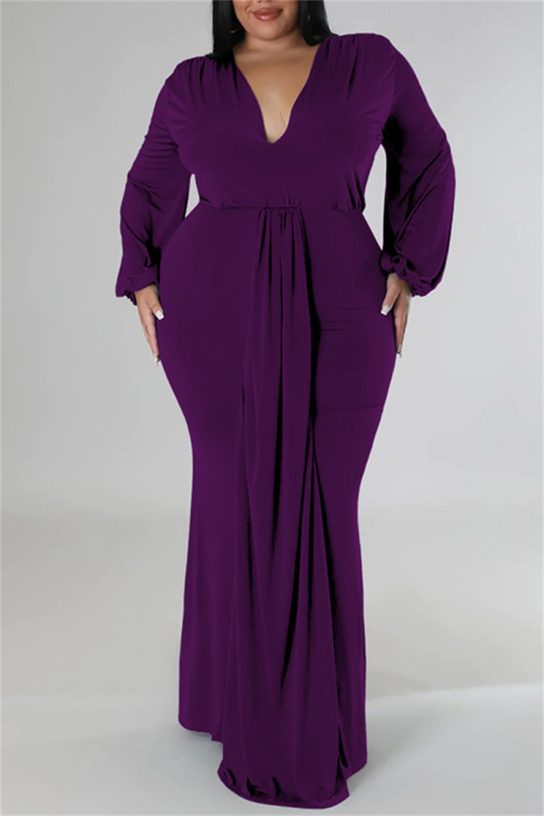 Robes de grande taille violet foncé décontracté solide patchwork col en V manches longues