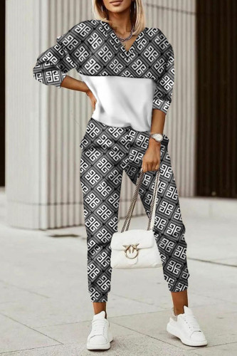 Gray Blue Casual Print Patchwork V Neck Long Sleeve Two Pieces