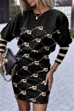 Black khaki Casual Print Patchwork O Neck Long Sleeve Dresses