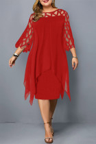 赤 カジュアル ソリッド パッチワーク Oネック ワンステップ スカート プラスサイズ ドレス