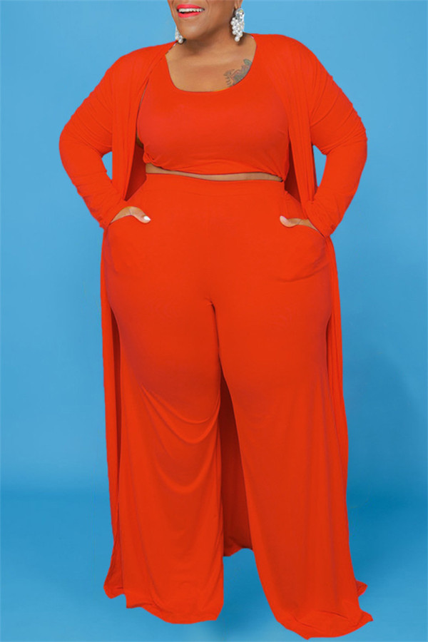 Arancione Casual Cardigan Solid Gilet Pantaloni O Collo Plus Size Due Pezzi