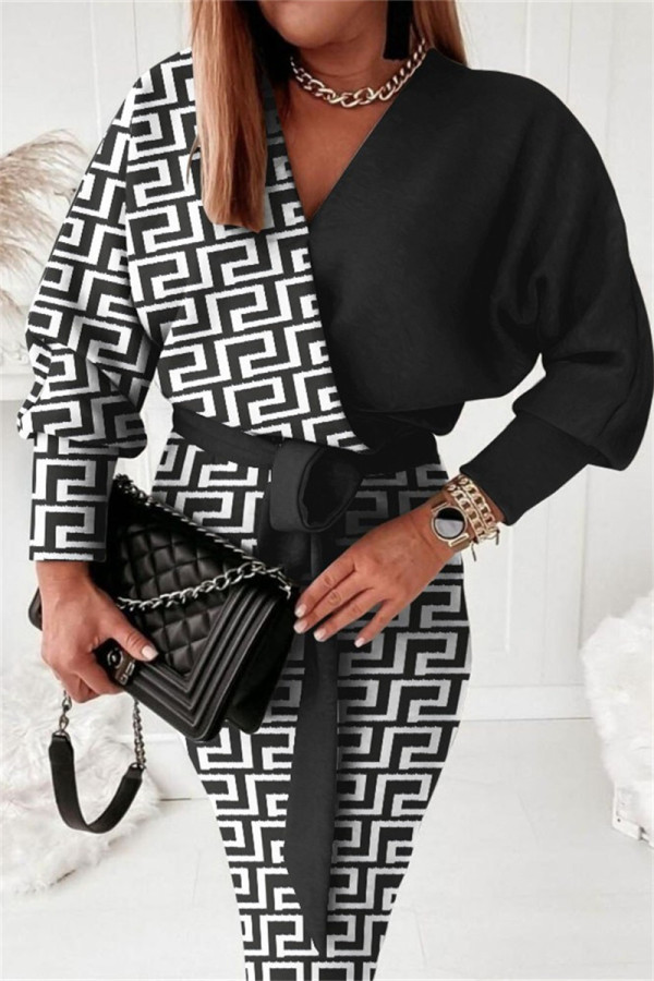 Schwarz-weiße, lässige Patchwork-Kleider mit V-Ausschnitt und langen Ärmeln