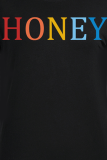 Camisetas con cuello en O de letras de patchwork con estampado diario casual negro