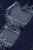Azul oscuro Sexy Street Sólido Rasgado Patchwork Accesorios de metal Decoración Pantalones vaqueros de cintura alta