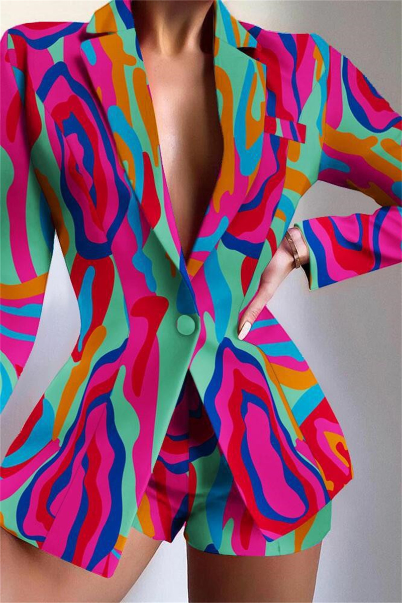 

Multicolor Casual Daily Print Patchwork Turn-back Collar Long Sleeve Two Pieces