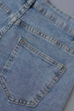 Jeans jeans azul moda casual estampa patchwork cintura alta regular
