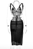 Black Sexy Solid Slit Spaghetti Strap Pencil Skirt Dresses