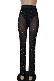 Black Sexy Solid Patchwork See-through Beading High Waist Straight Solid Color Bottoms