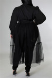 Zwarte sexy casual effen patchwork kraag met lange mouwen en grote maten jurken